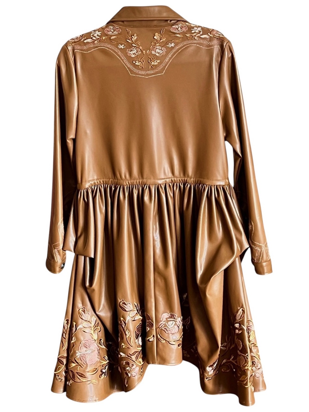 NEW blue b Brown Faux Leather Embroidered Pink Copper Flower Draped Skirt Dress - Picture 5 of 6